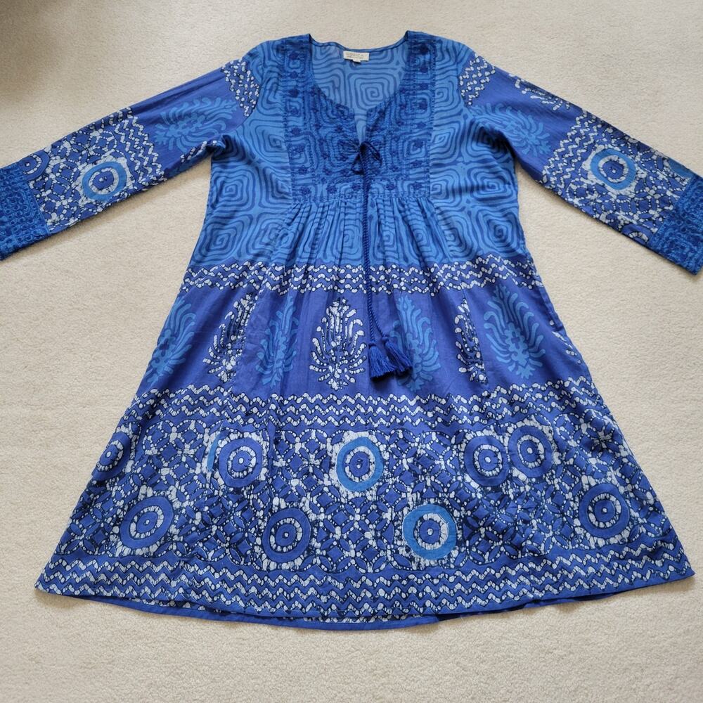 EUC Novica M Embroidered Tunic Dress Tassel Midi/Mini Boho Beachy Cruise Blue - Picture 2 of 16